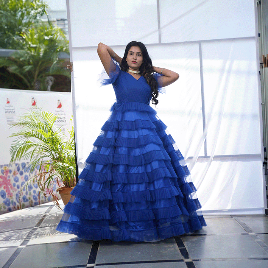 Royal Blue  Netted Frills Gown - Image 2