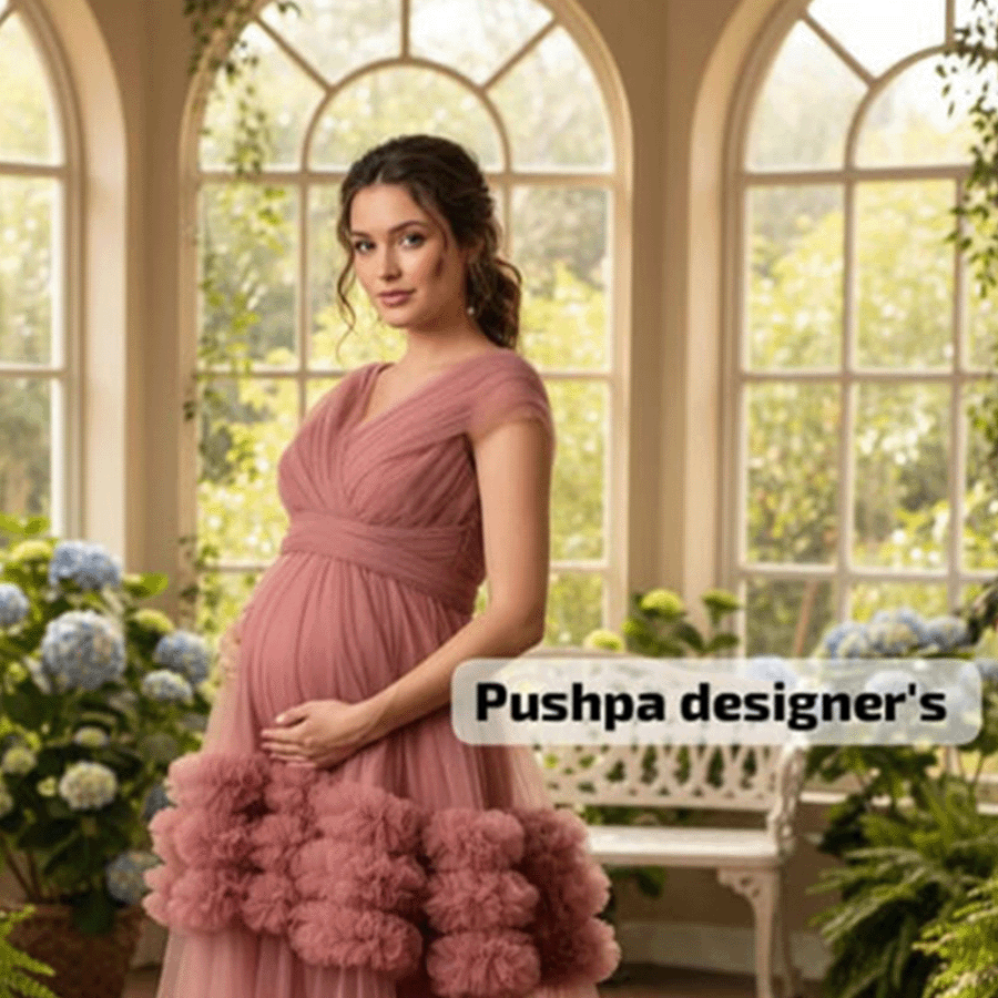 Peach Netted Maternity Gown