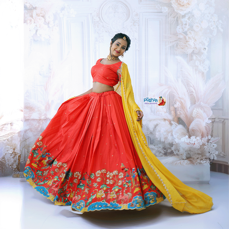 Vibrant Red and Yellow Combination Half Saree