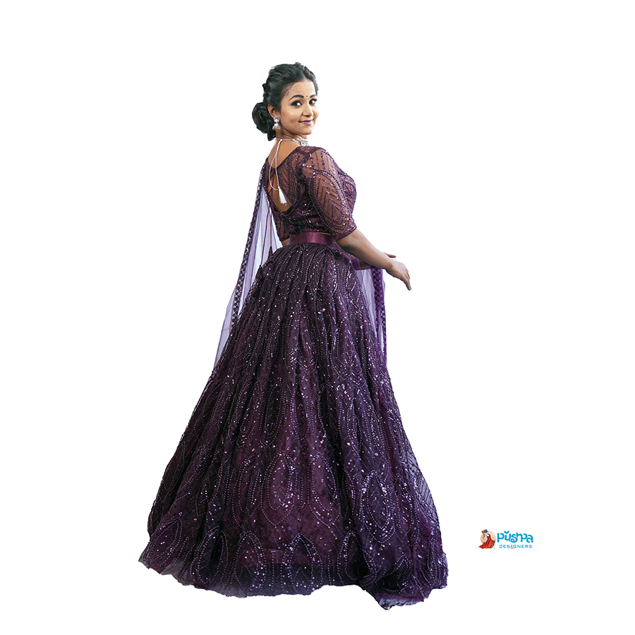 Dark Wine Full Beats Work Netted Lehenga - Image 2