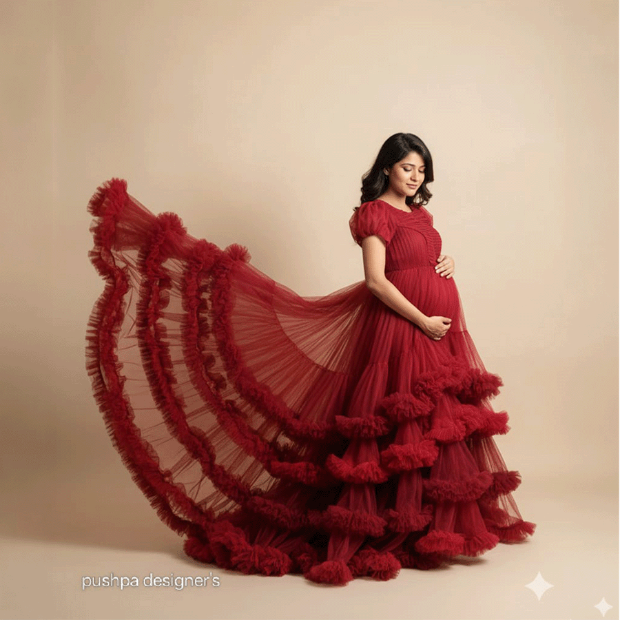 Maroon Netted Frills Tail Gown - Image 2