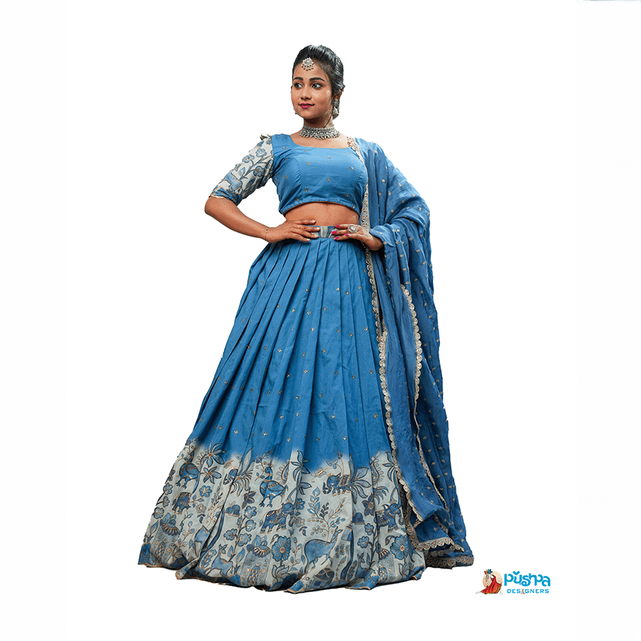 Denim Blue Kalamkari Half Saree - Image 2