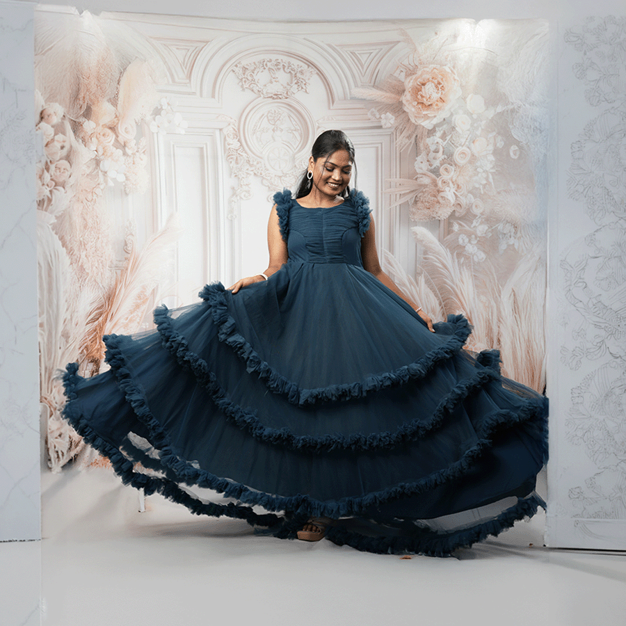 Peacock Blue Frills Ball Gown - Image 2