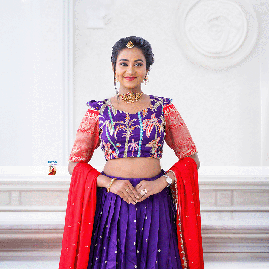 Blue and Red Combination Half Saree