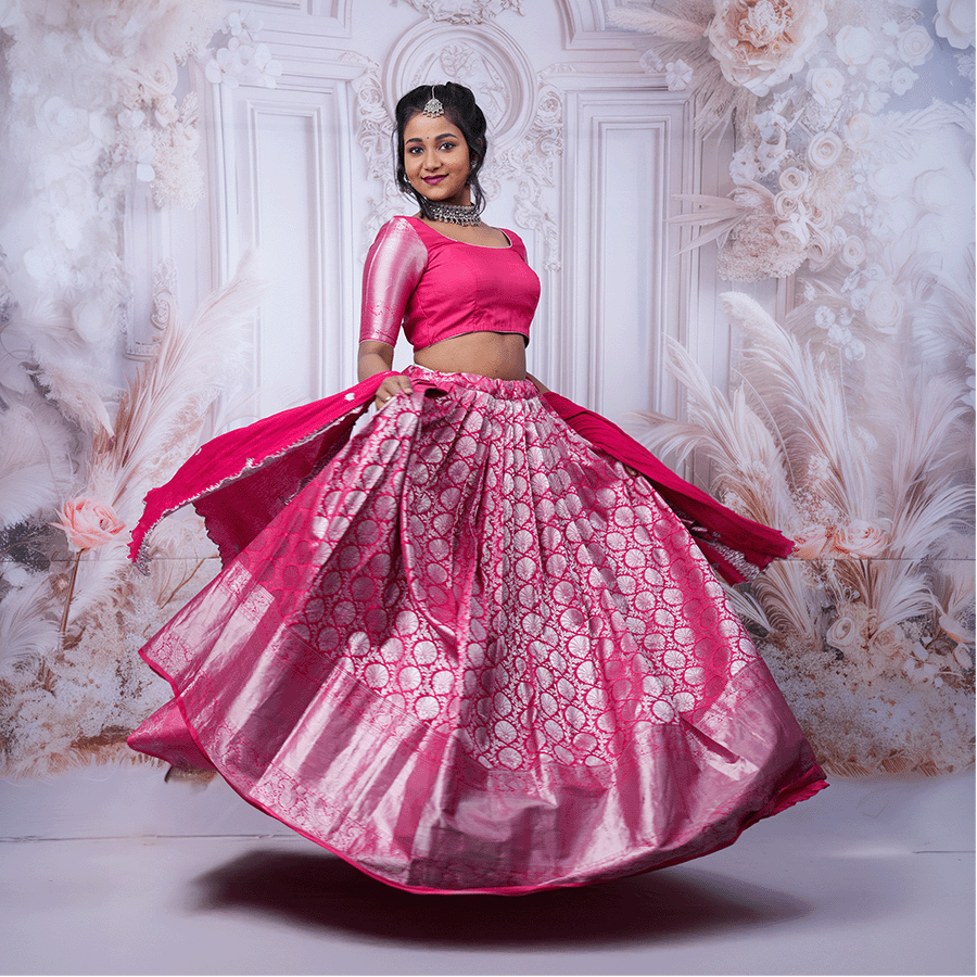 Rani Pink and Silver Half Saree - Image 2