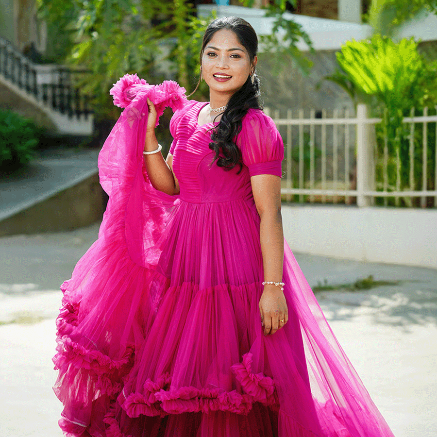 Magenta Pink Netted Frills Tail Gown - Image 3