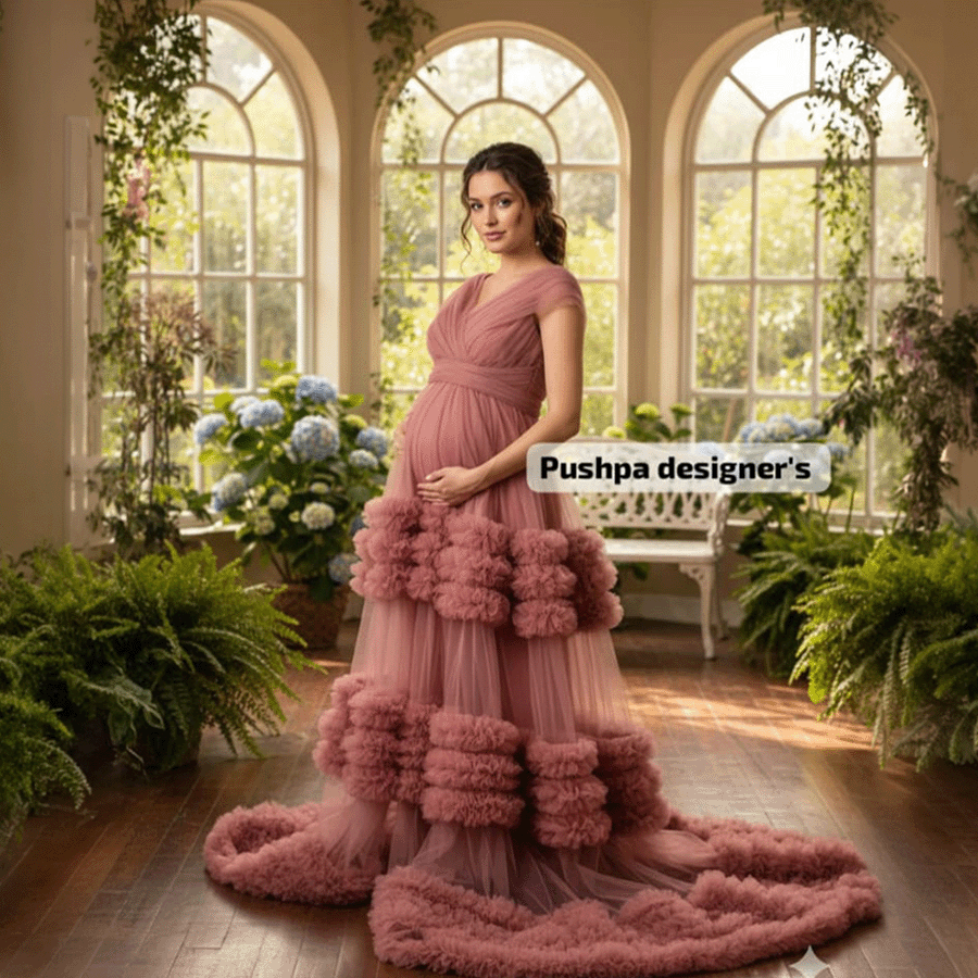 Peach Netted Maternity Gown - Image 2