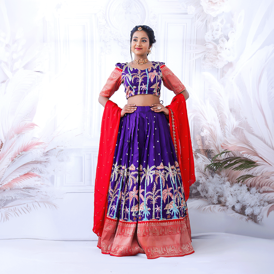 Blue and Red Combination Half Saree - Image 2