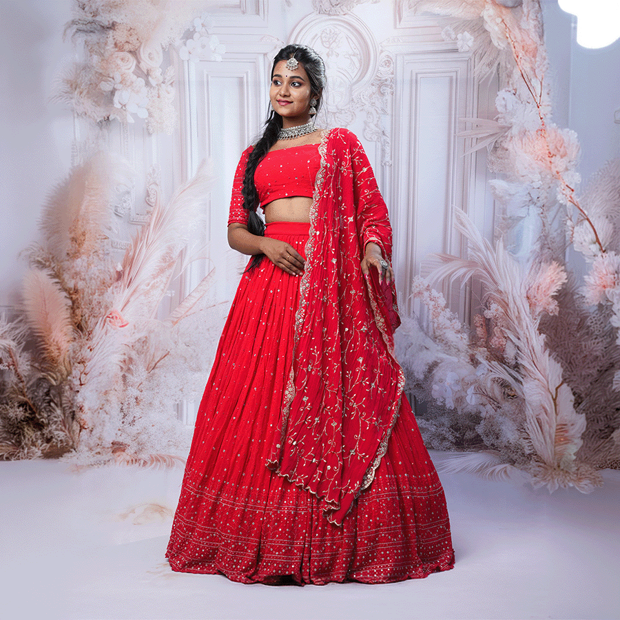 Radiant Red Georgette Embroidered Lehenga