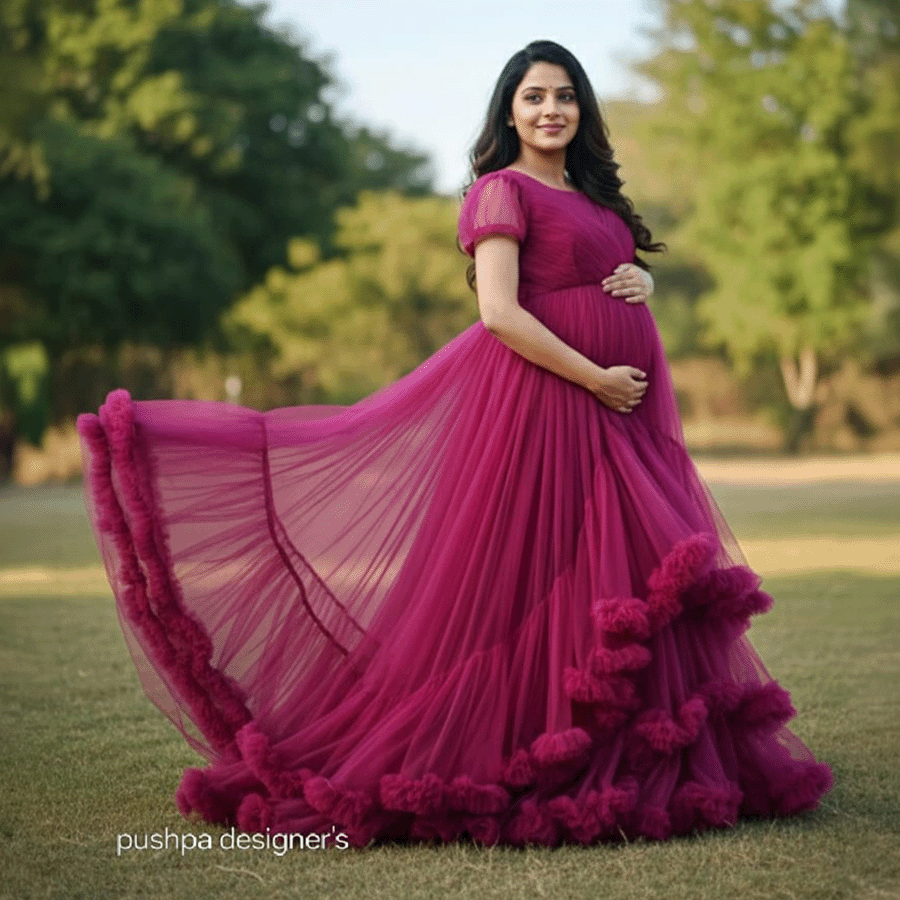 Magenta Pink Frills Tail Gown - Image 2
