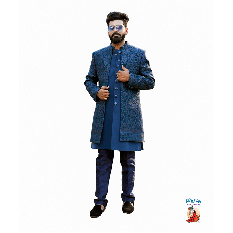 Peacock blue designer Sherwani - Image 2