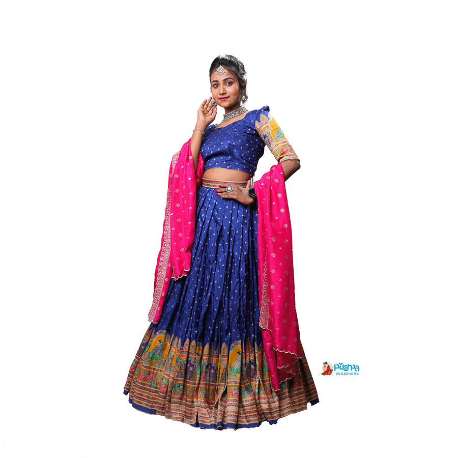 Pink and Blue Half Saree - Image 2