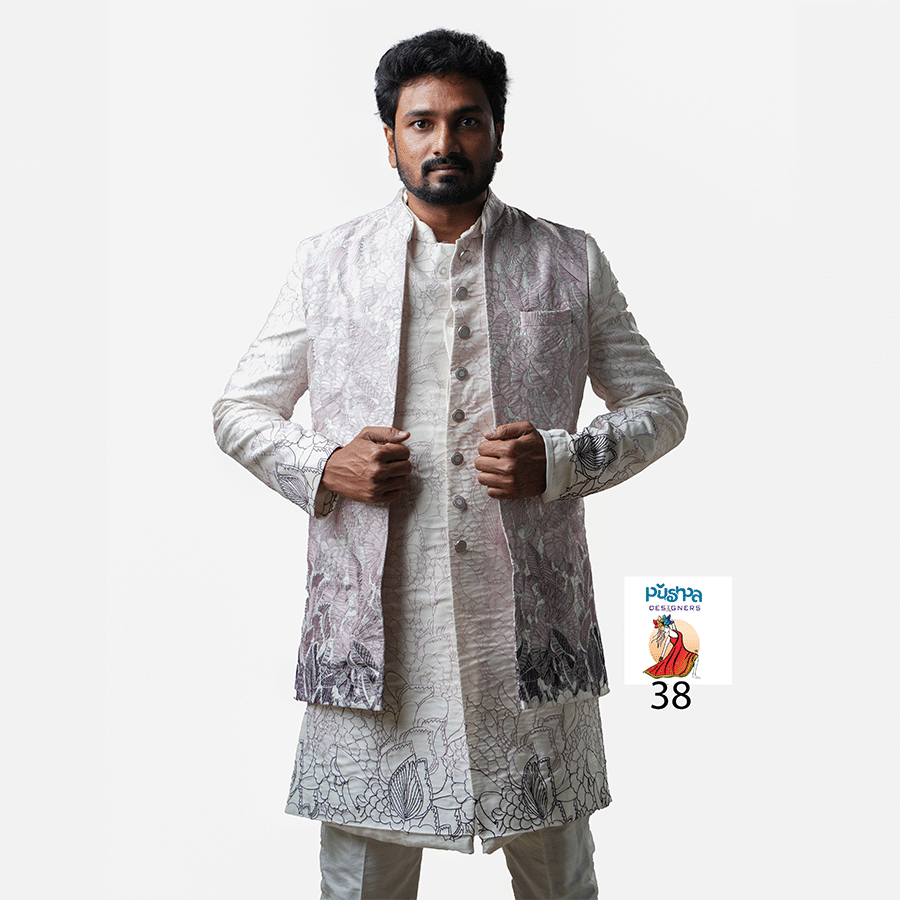Half White Floral Sherwani - Image 2