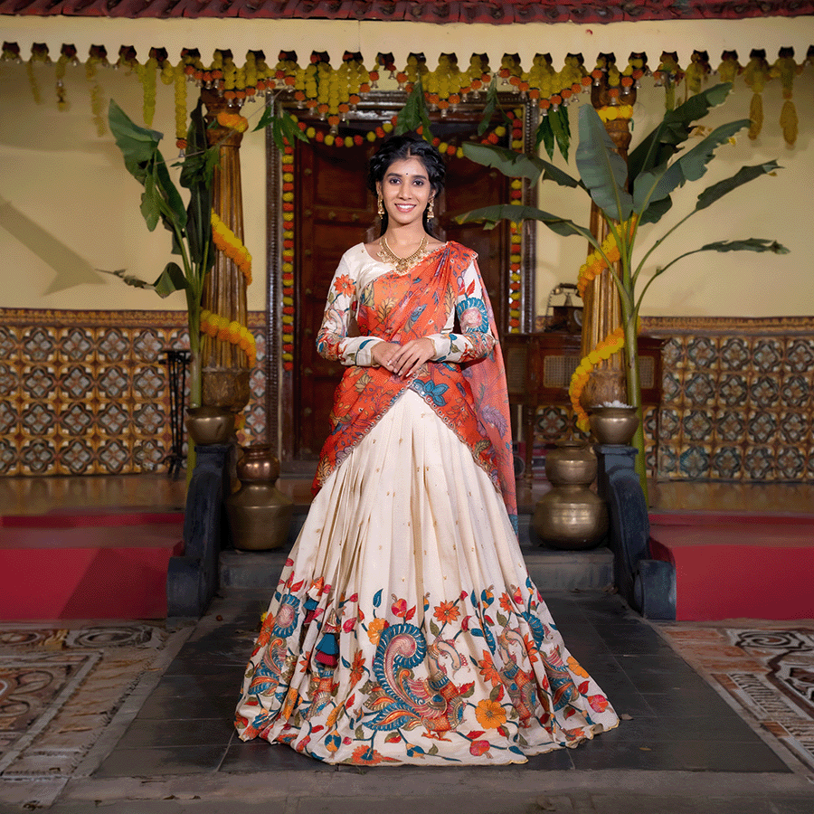 Orange and Cream Kalamkari Half Saree - Image 2