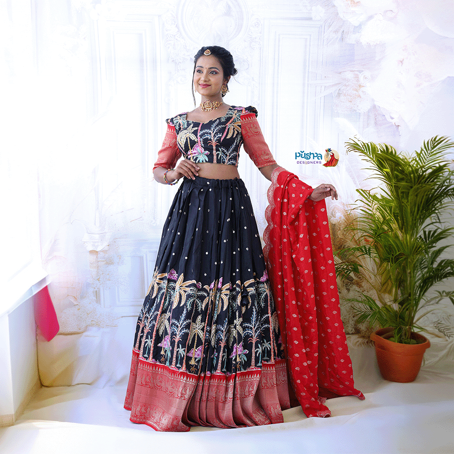 Black and Red Combination Half Saree - Image 2