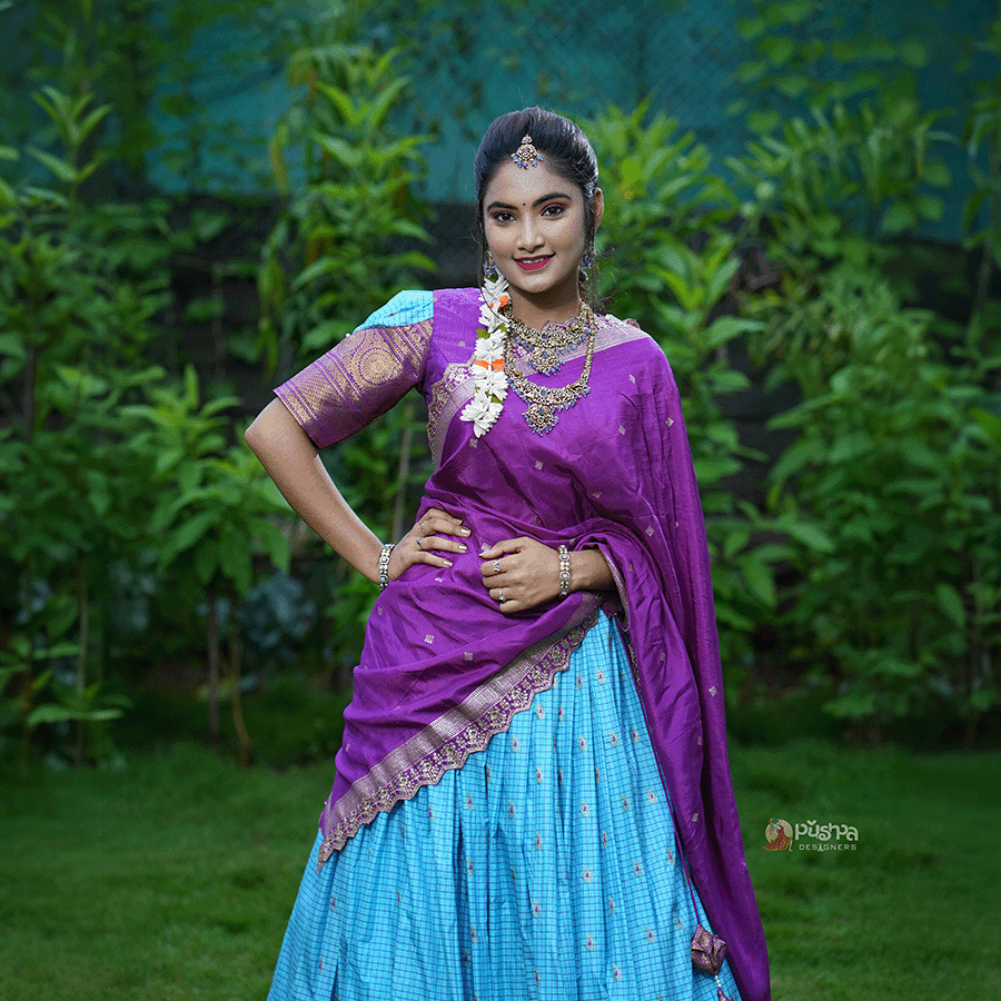 Purple and Sky blue Half Saree