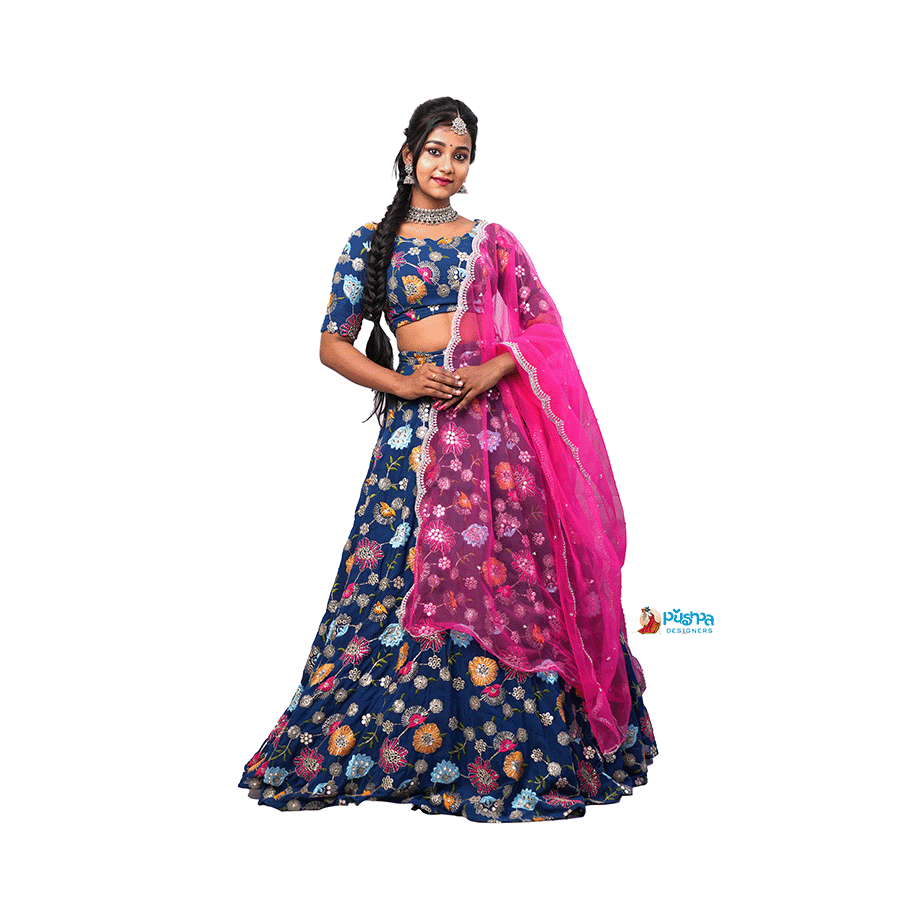Peacock Blue and Pink Combination Floral Lehenga