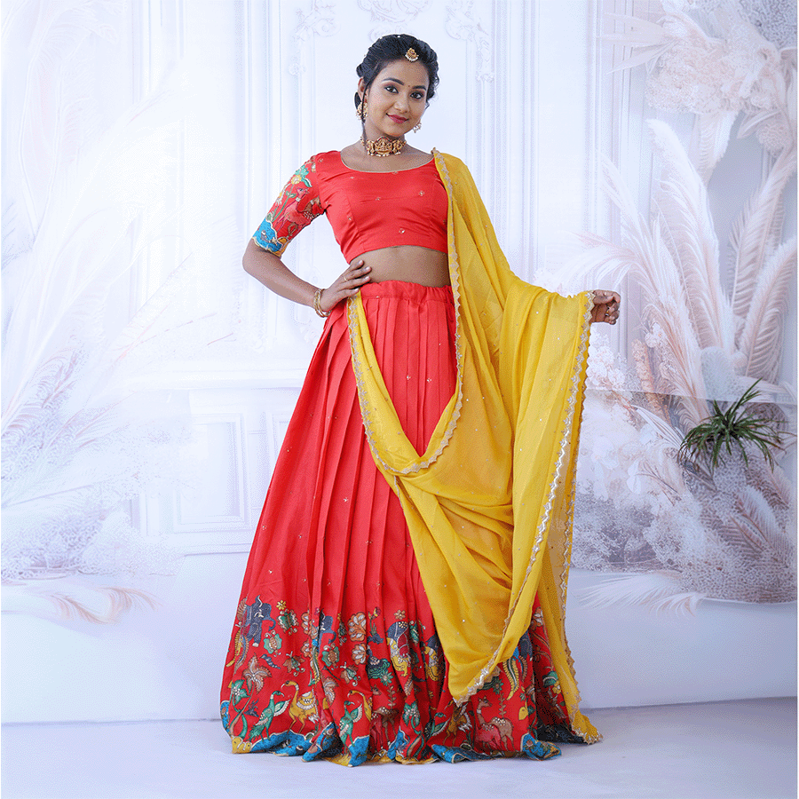Vibrant Red and Yellow Combination Half Saree - Image 3