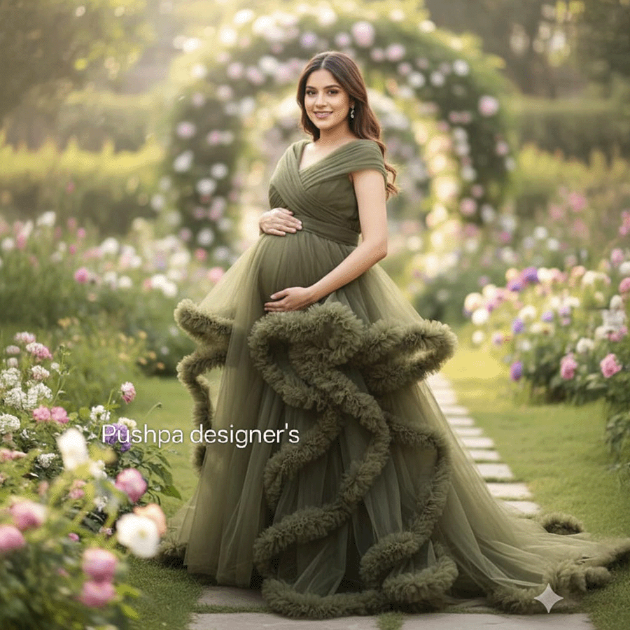 Alive Green Netted Frills Maternity Gown - Image 2