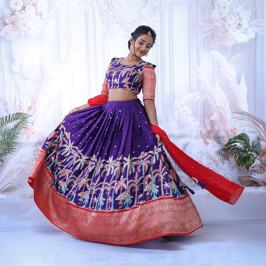 Blue and Red Combination Half Saree - Image 3