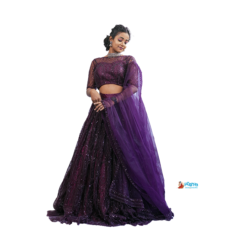 Dark Wine Full Beats Work Netted Lehenga