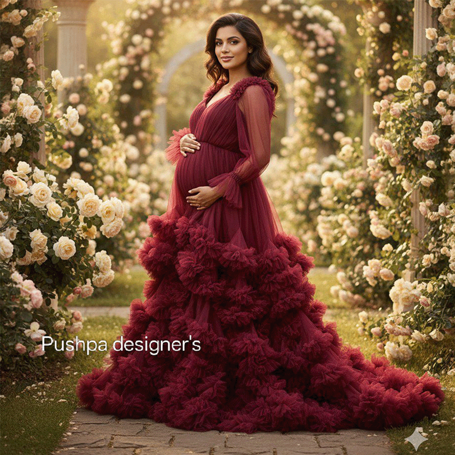 Wine Frills Maternity Gown