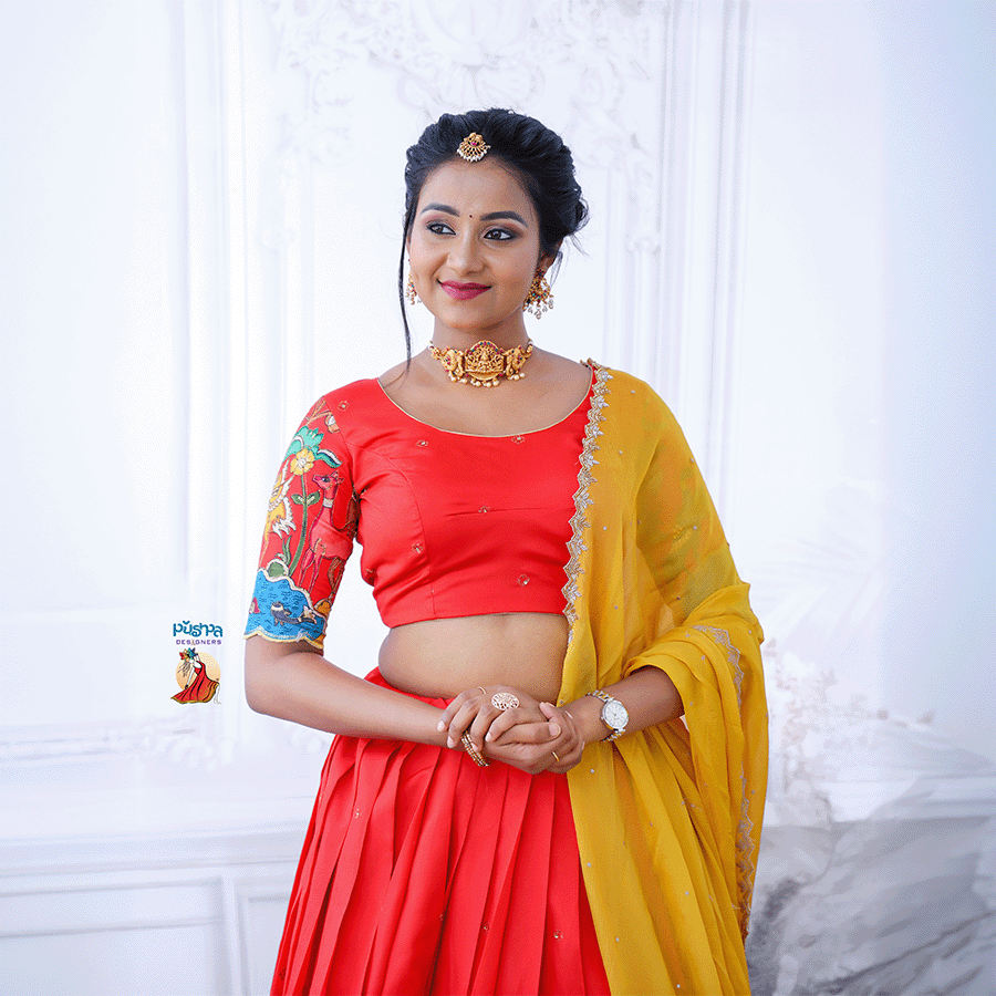 Vibrant Red and Yellow Combination Half Saree - Image 2