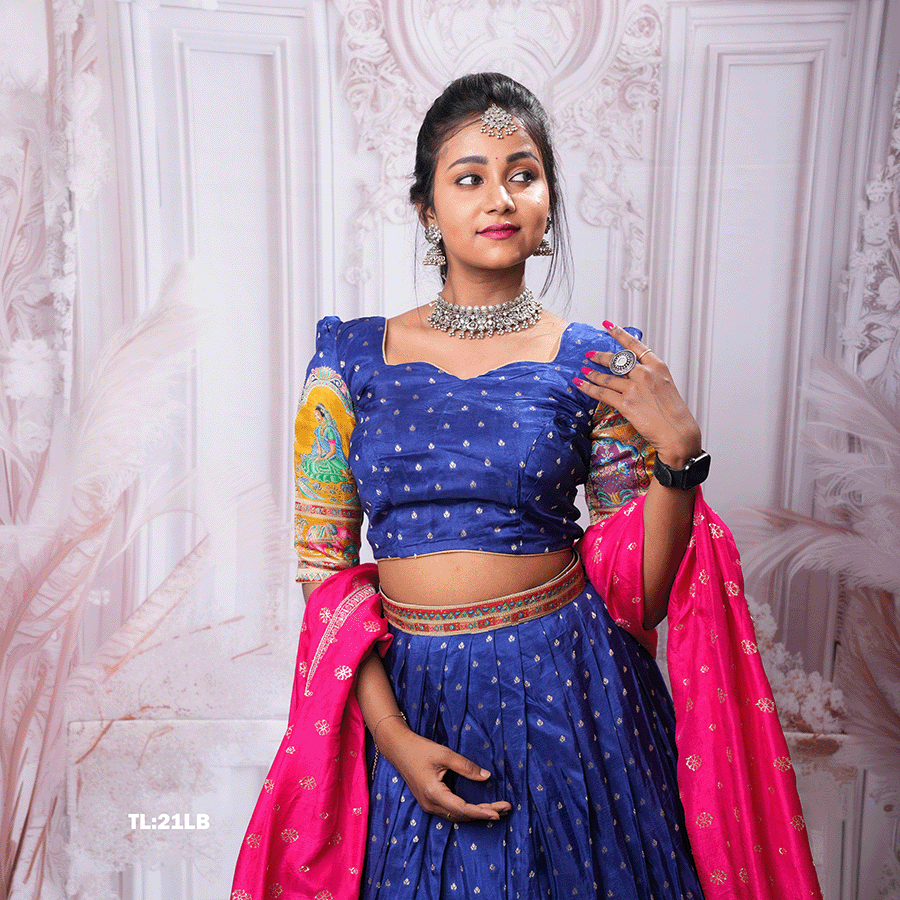 Pink and Blue Half Saree - Image 3