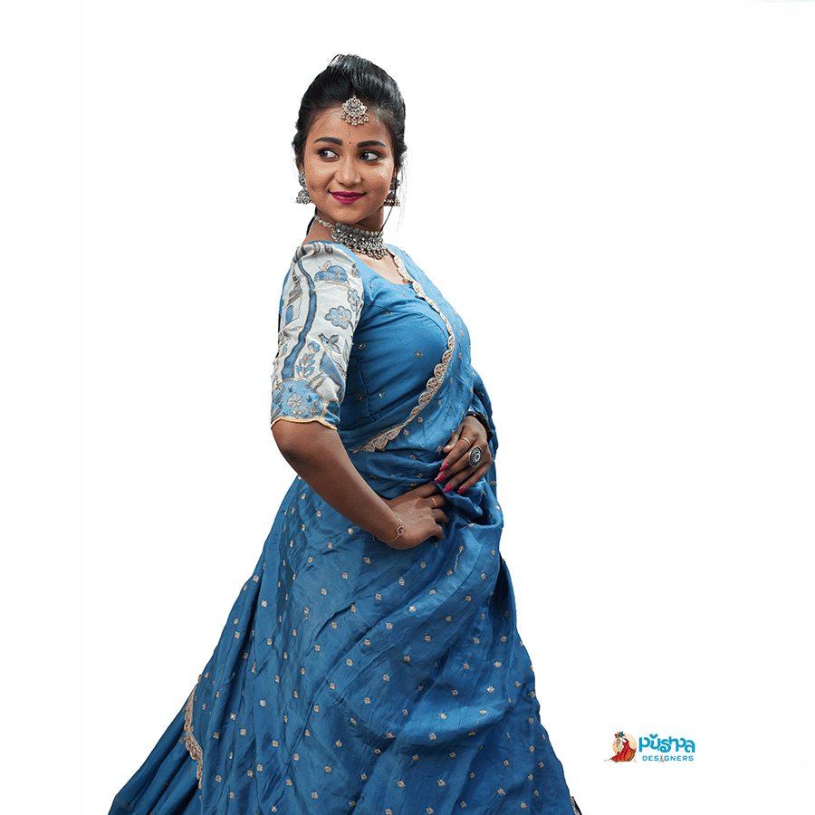 Denim Blue Kalamkari Half Saree