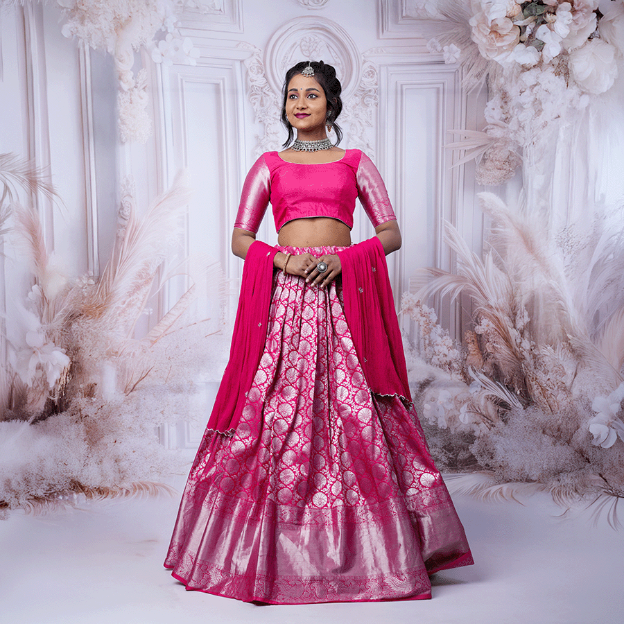 Rani Pink and Silver Half Saree