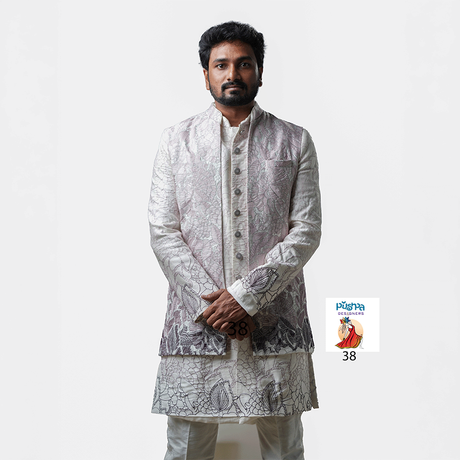 Half White Floral Sherwani